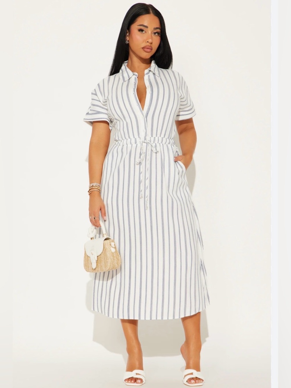 a new day White Midi Shirt Dress with Navy Stripes